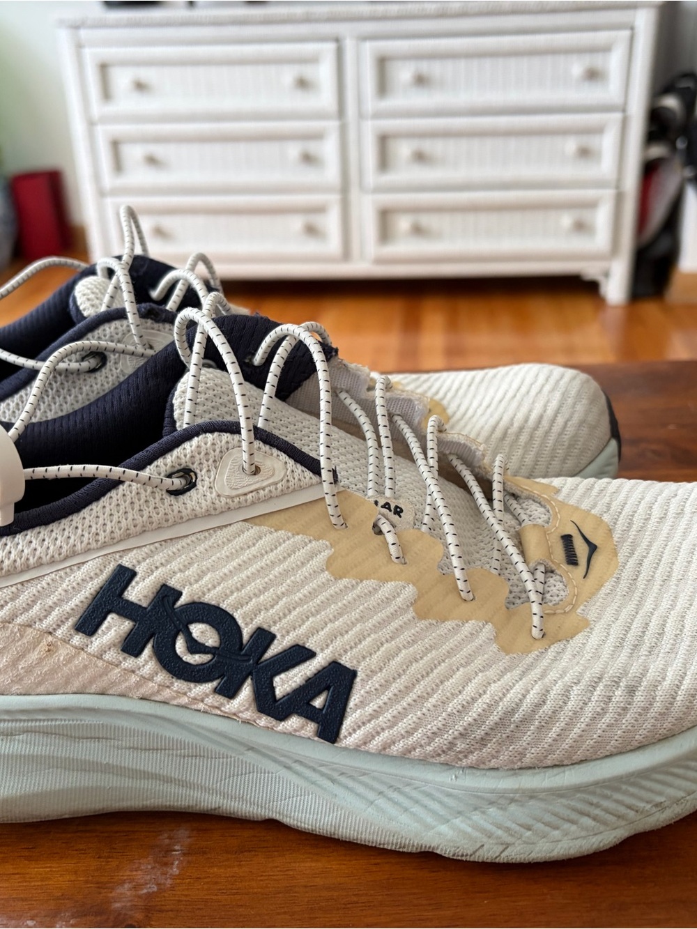 Hoka women’s Cream and Navy Athletic Sneakers size 10B